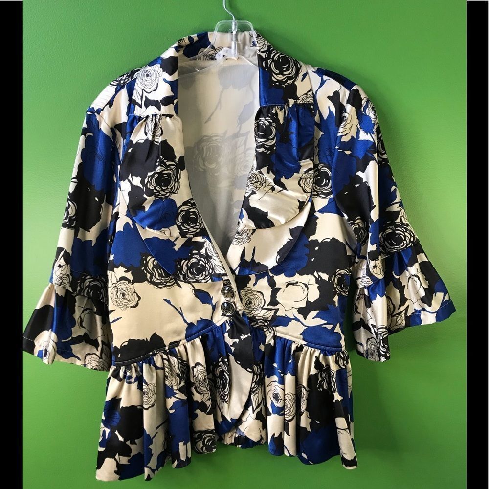 LINDI satin cocktail jacket in cream/blue/black floral